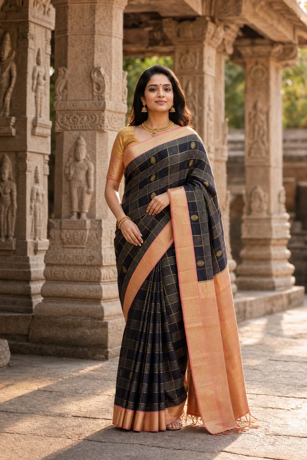 Handloom Navy Blue And Peach Silk Saree — view 1
