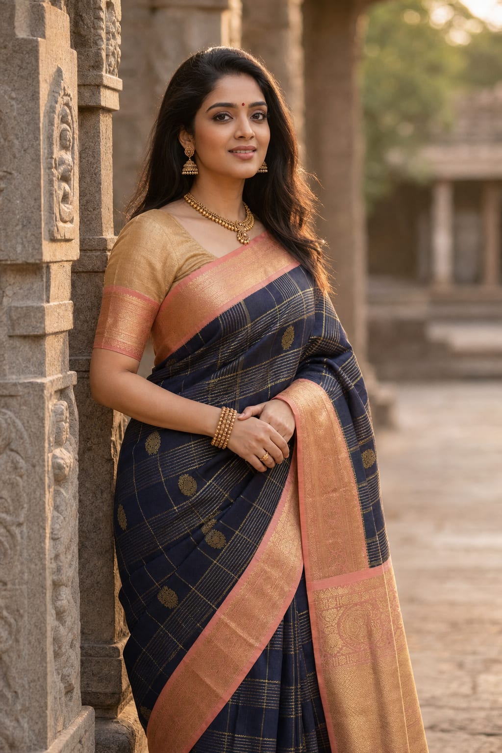 Handloom Navy Blue And Peach Silk Saree — view 2