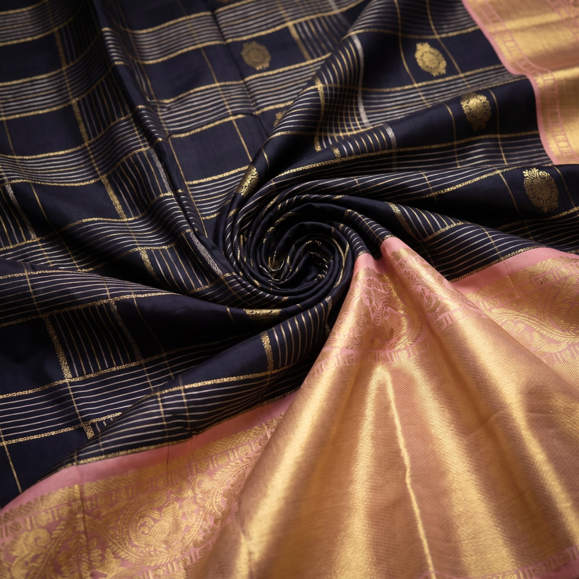 Handloom Navy Blue And Peach Silk Saree — close drape