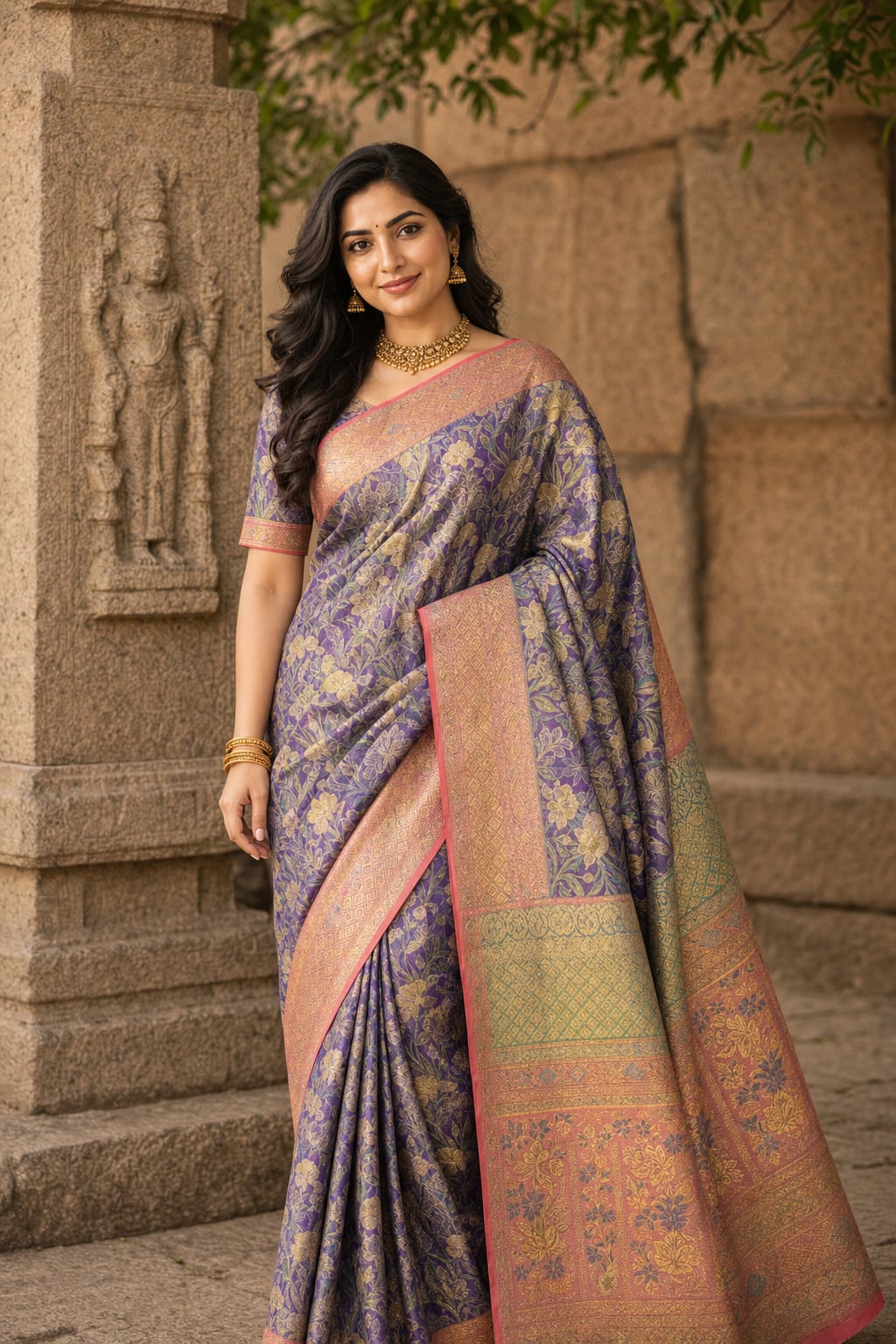 Handloom Lavender With Peach Silk Saree thumbnail 1