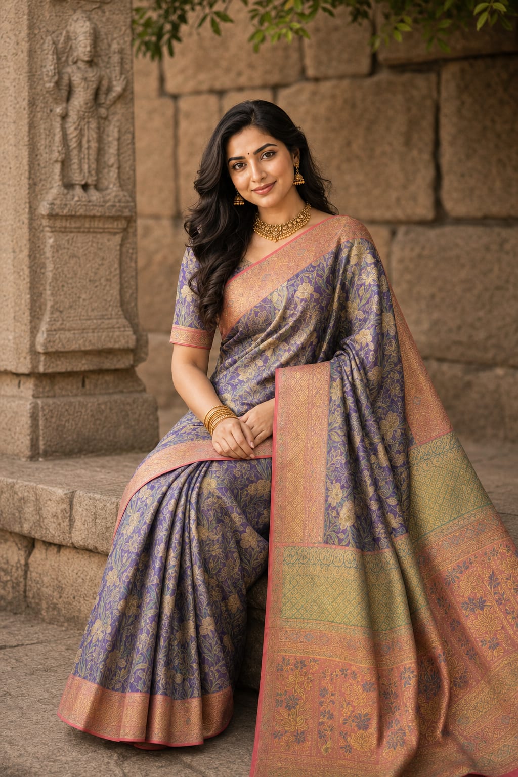 Handloom Lavender With Peach Silk Saree thumbnail 2