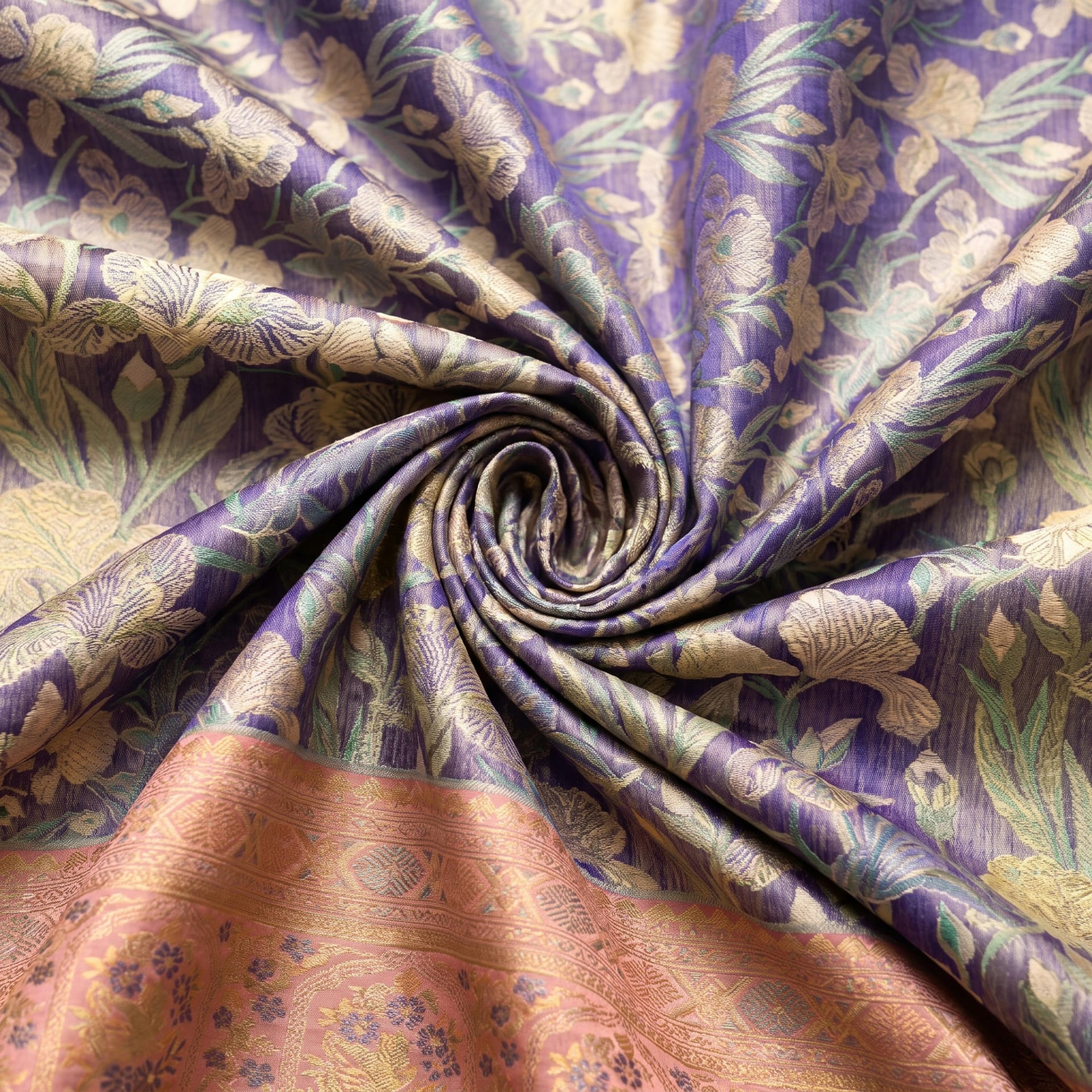 Handloom Lavender With Peach Silk Saree — close drape
