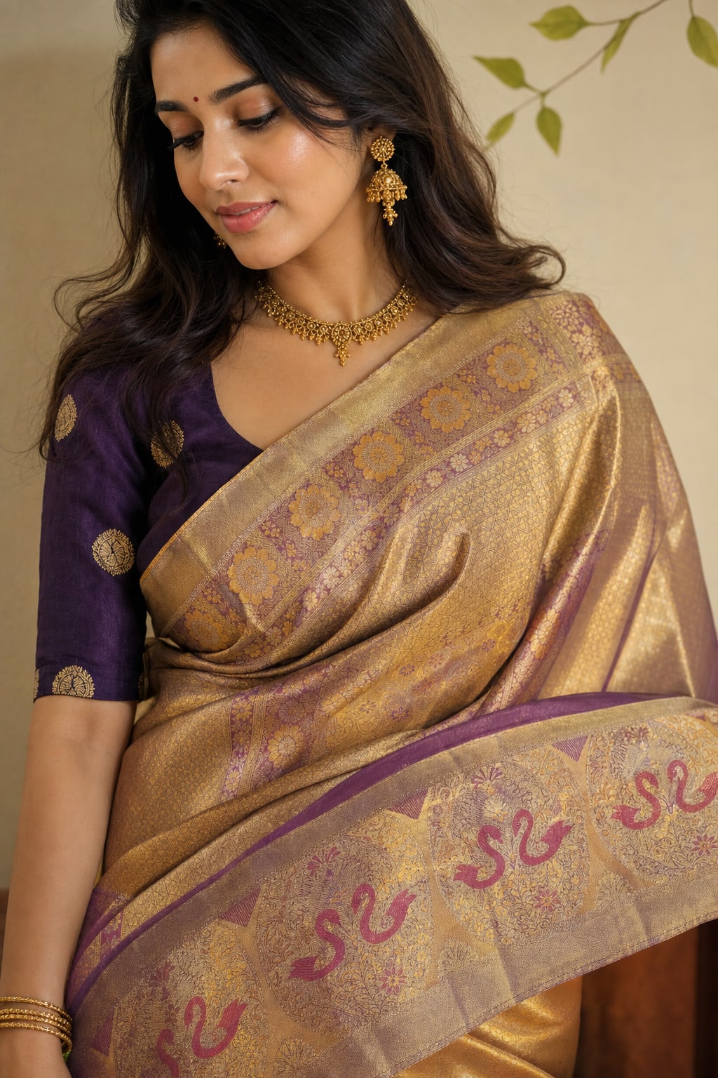 Handloom Golden Orange Silk Saree — view 2
