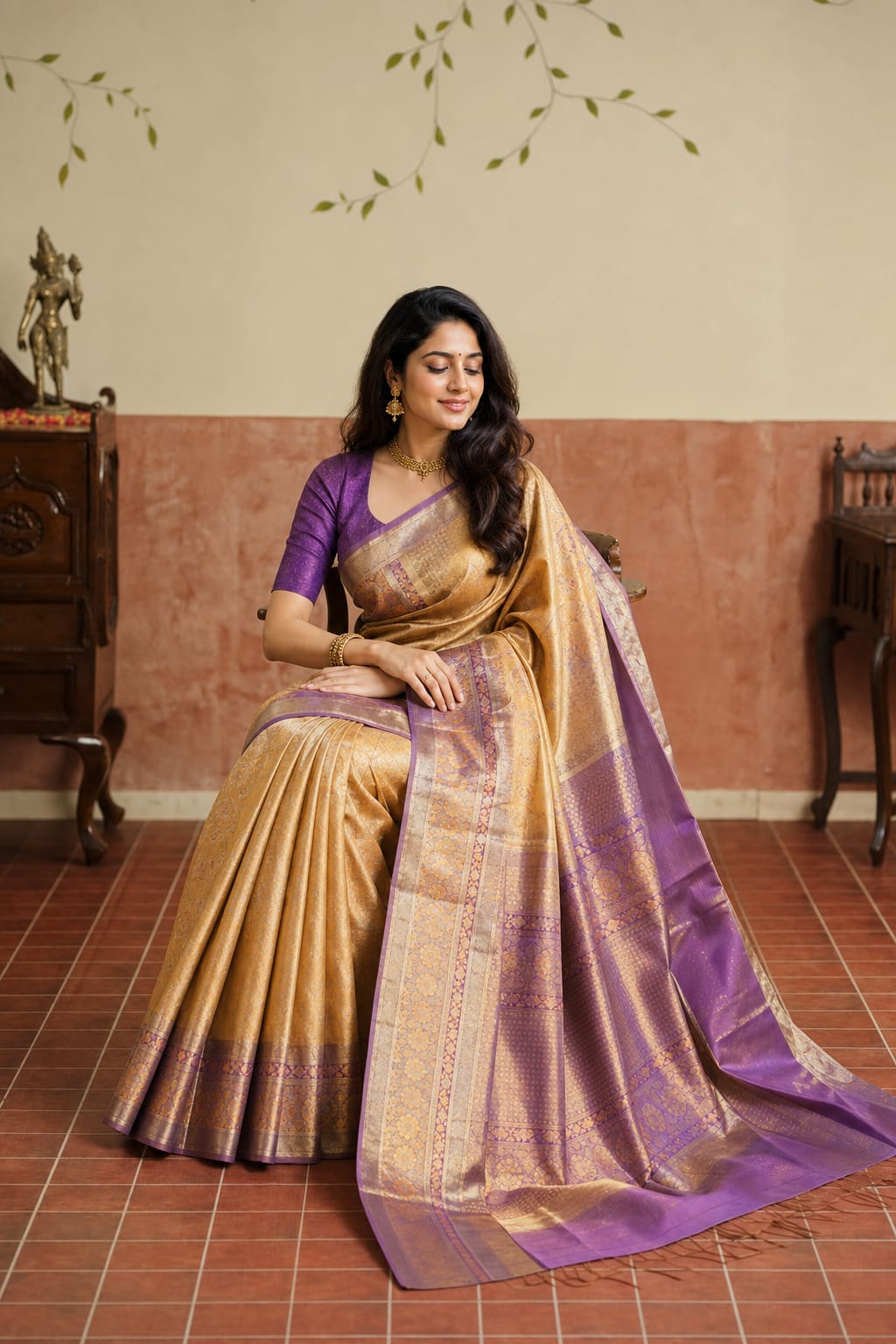 Handloom Golden Orange Silk Saree — view 1