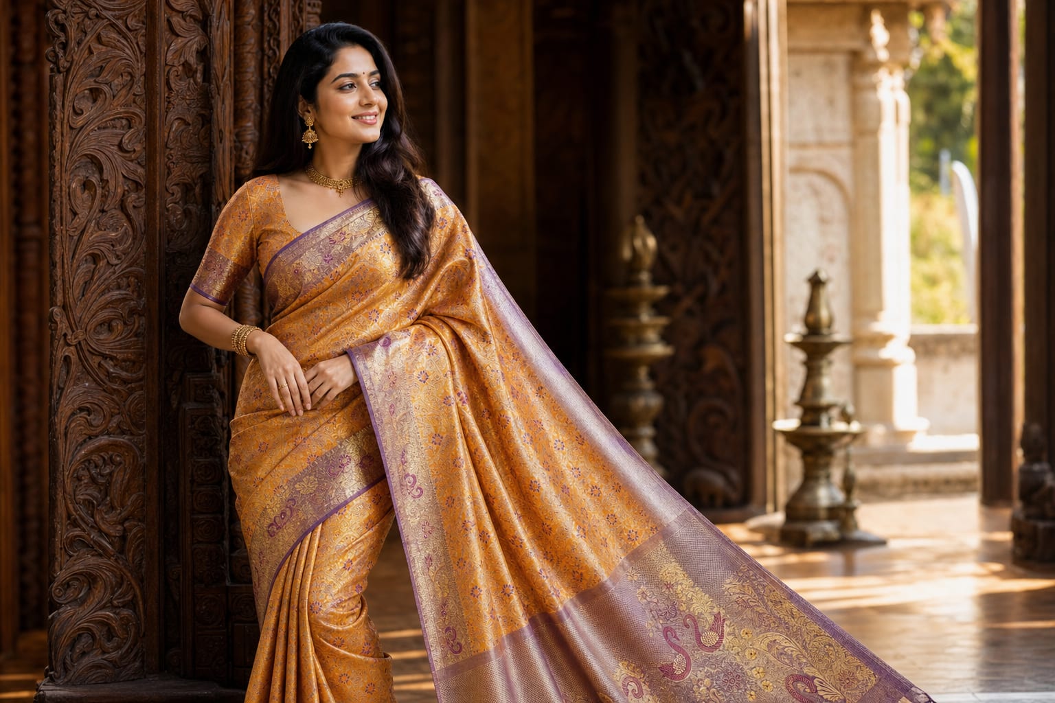 Handloom Golden Orange Silk Saree — the drape
