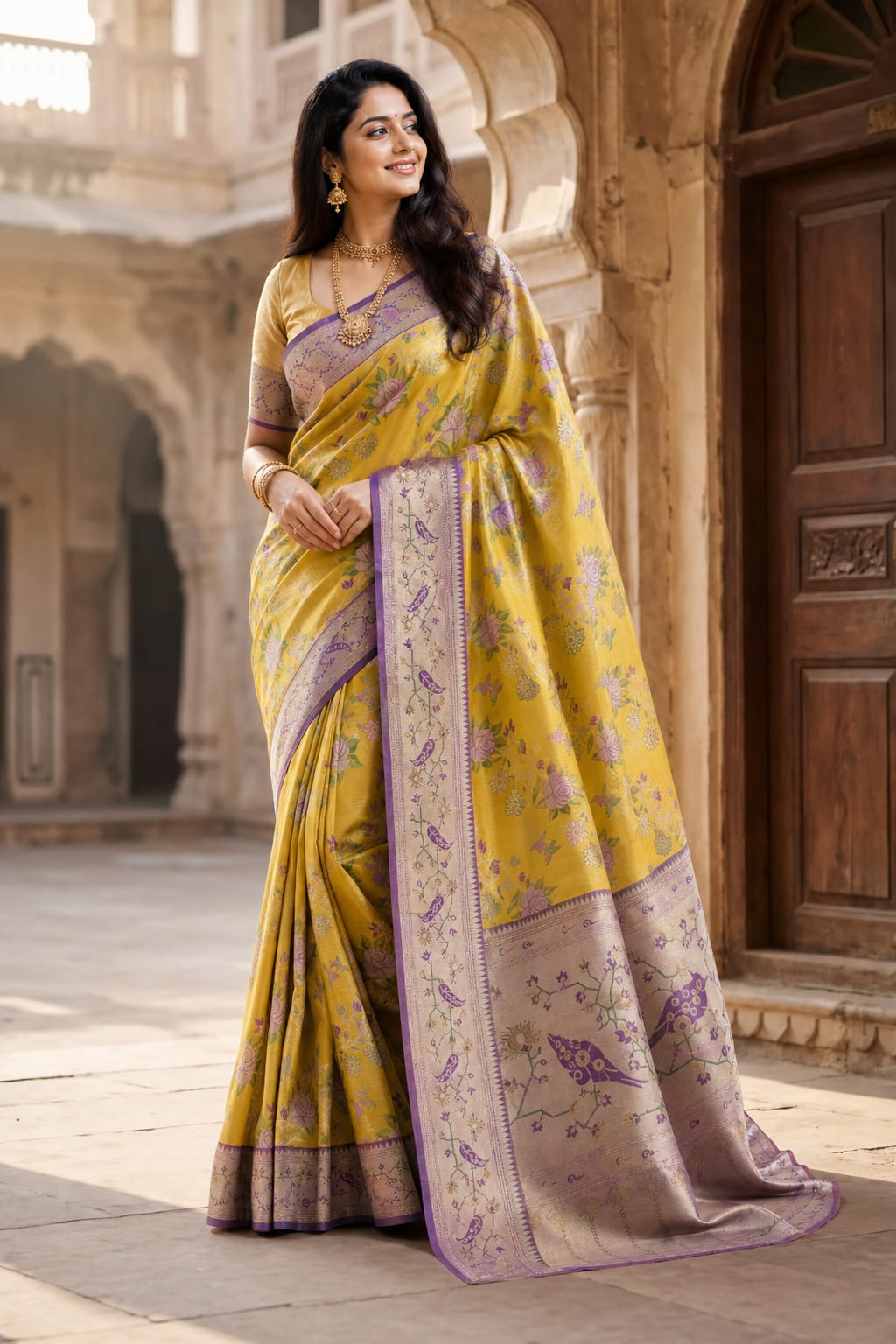 Handloom Yellow Silk Saree — view 1