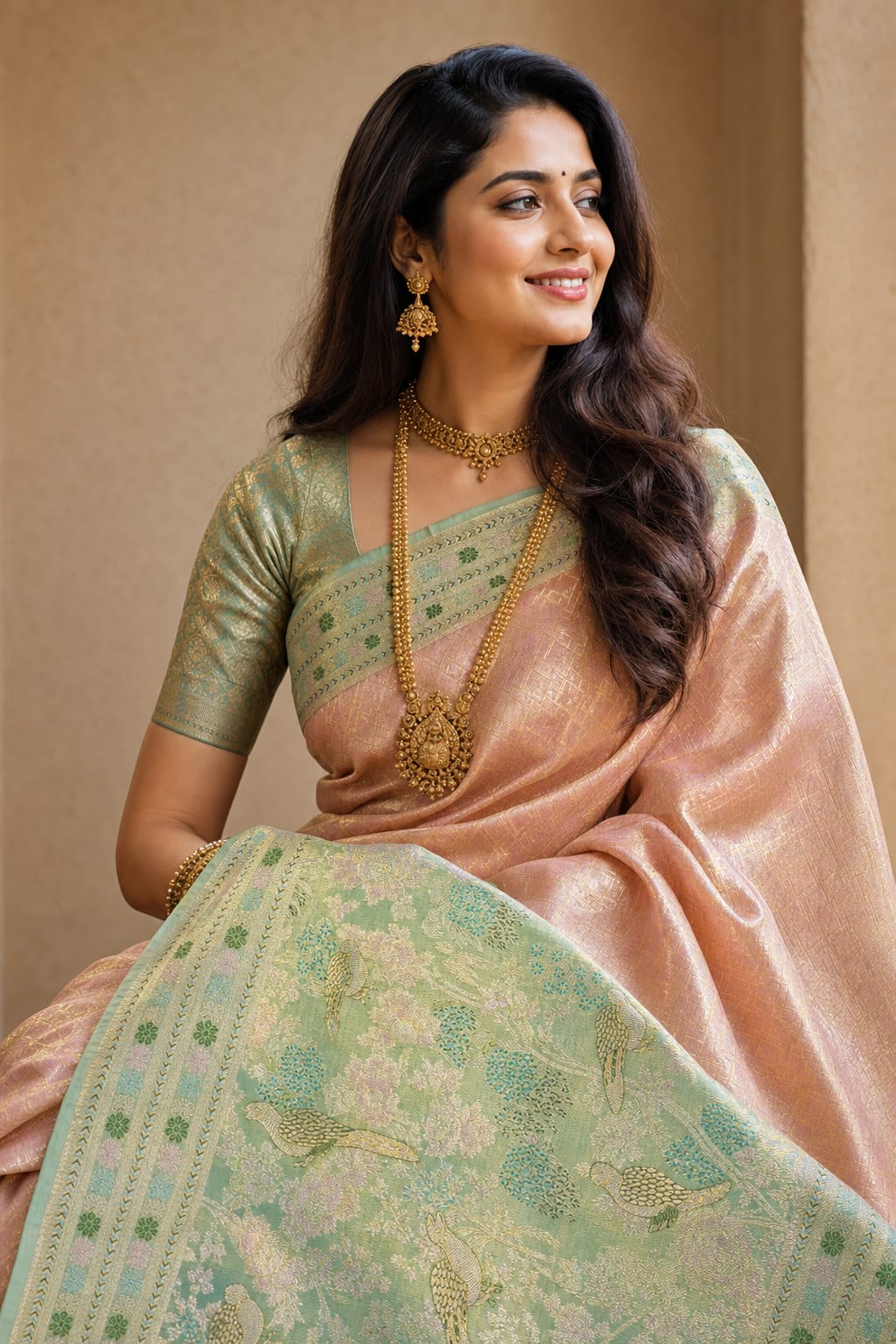 Handloom Peach Pink Silk Saree — view 2
