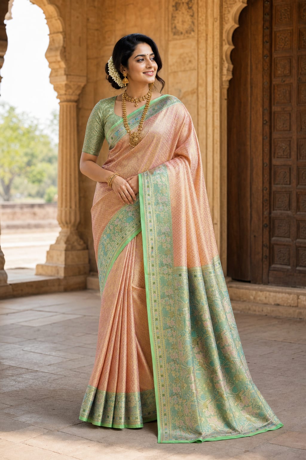 Handloom Peach Pink Silk Saree — view 1