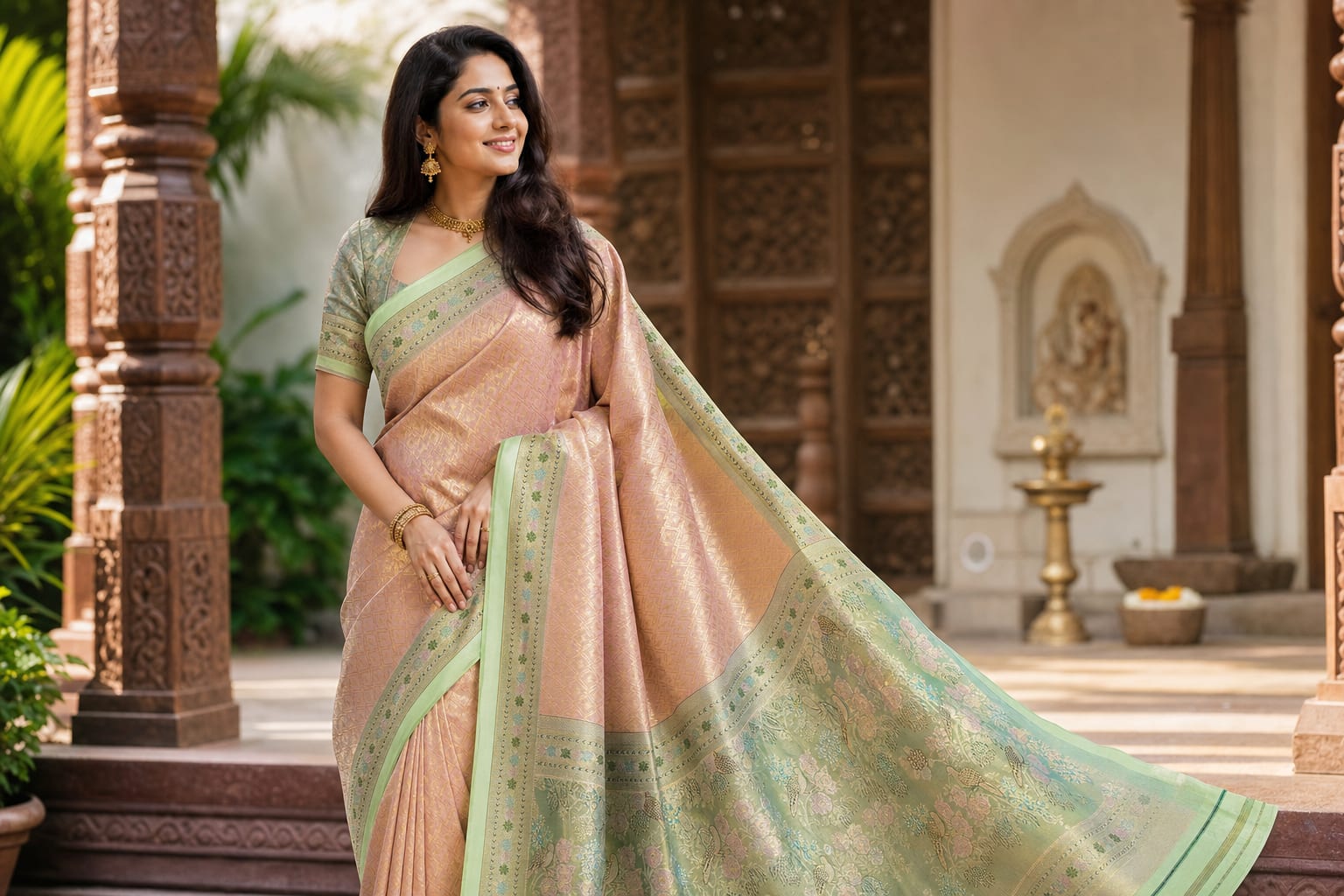 Handloom Peach Pink Silk Saree — the drape