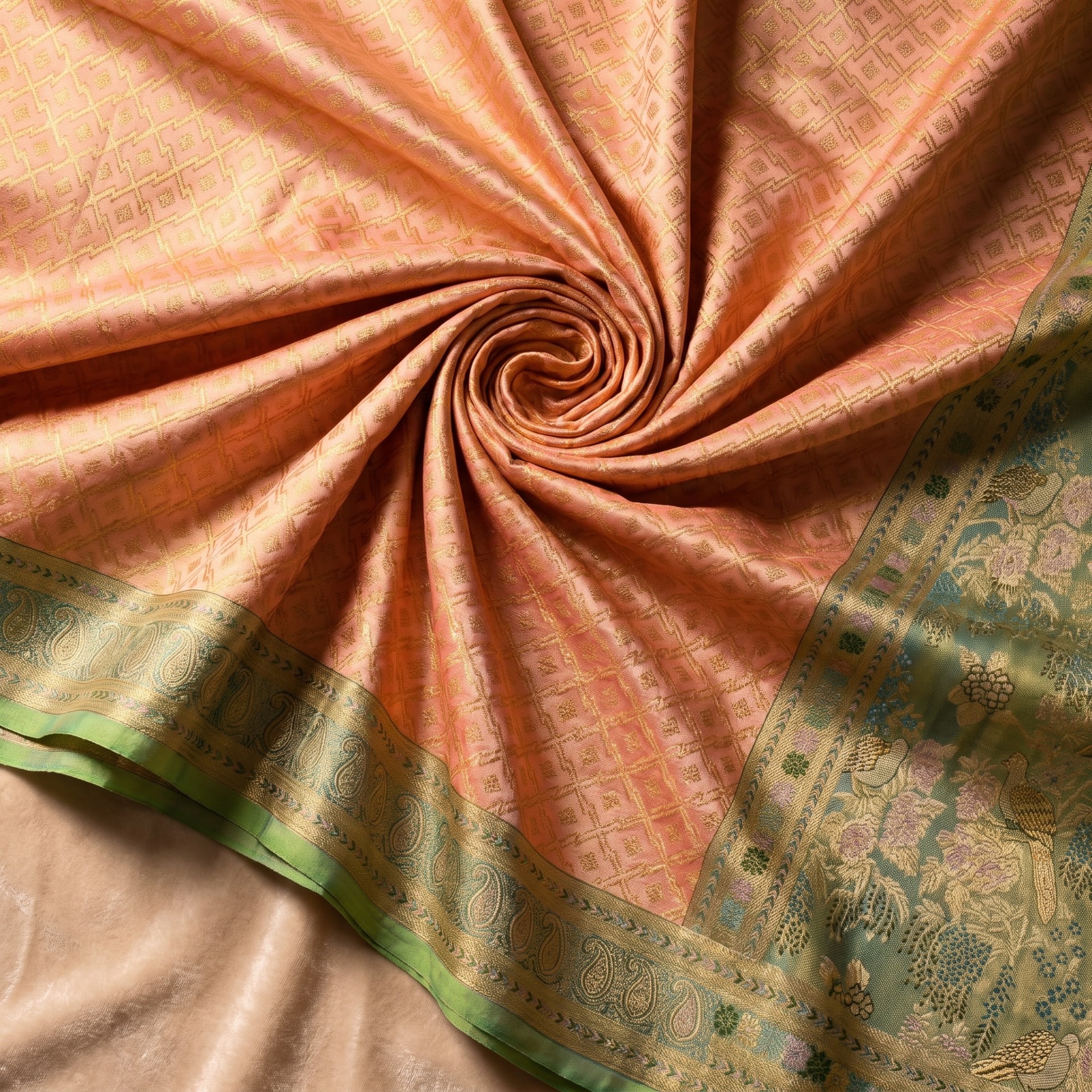 Handloom Peach Pink Silk Saree — close drape
