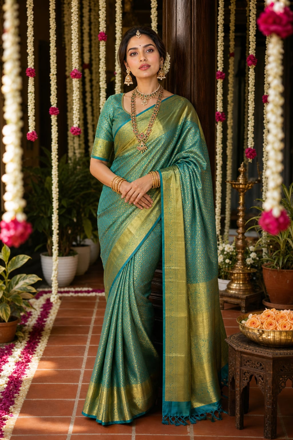 Handloom Rama Green Silk Saree — view 1