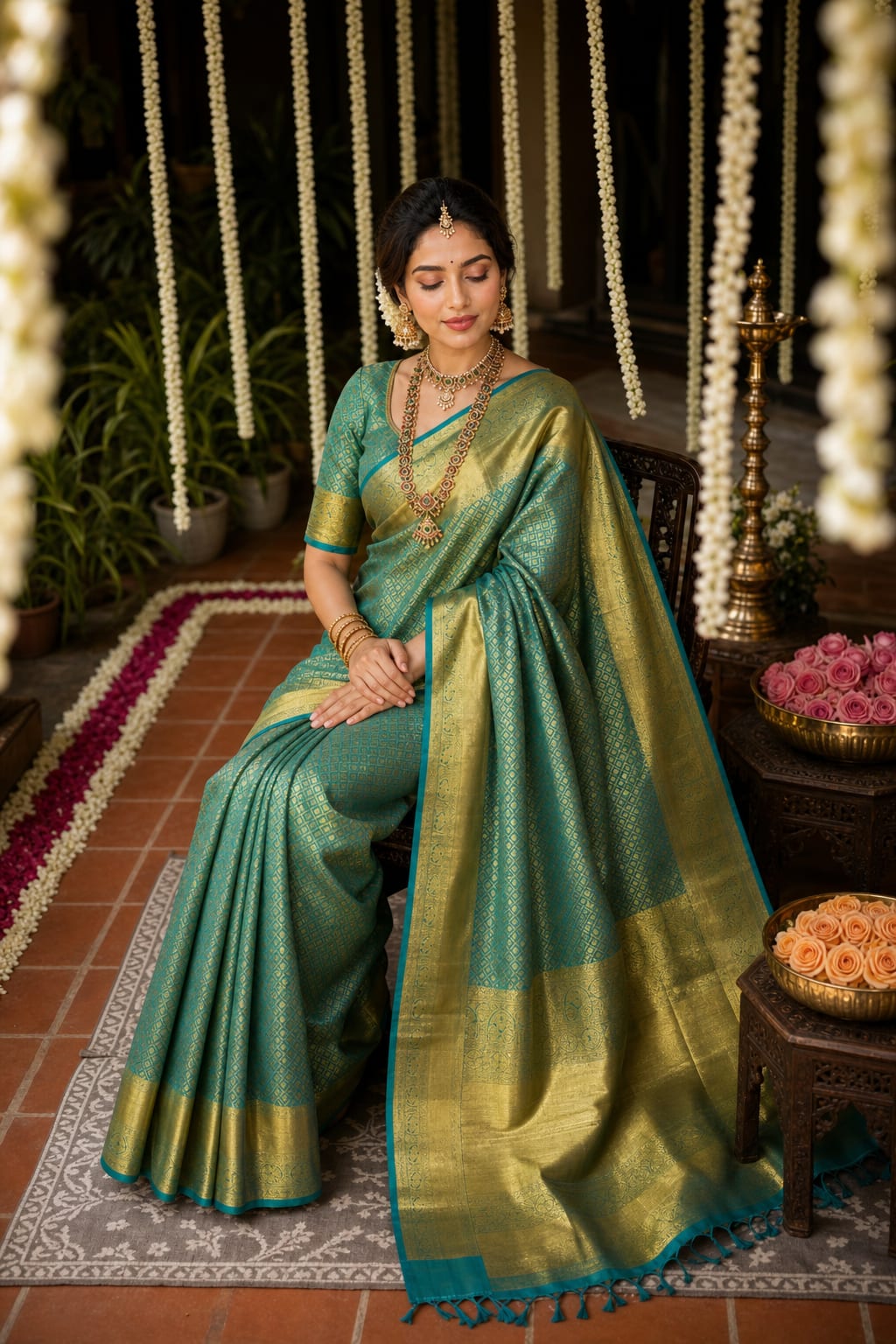 Handloom Rama Green Silk Saree — view 2