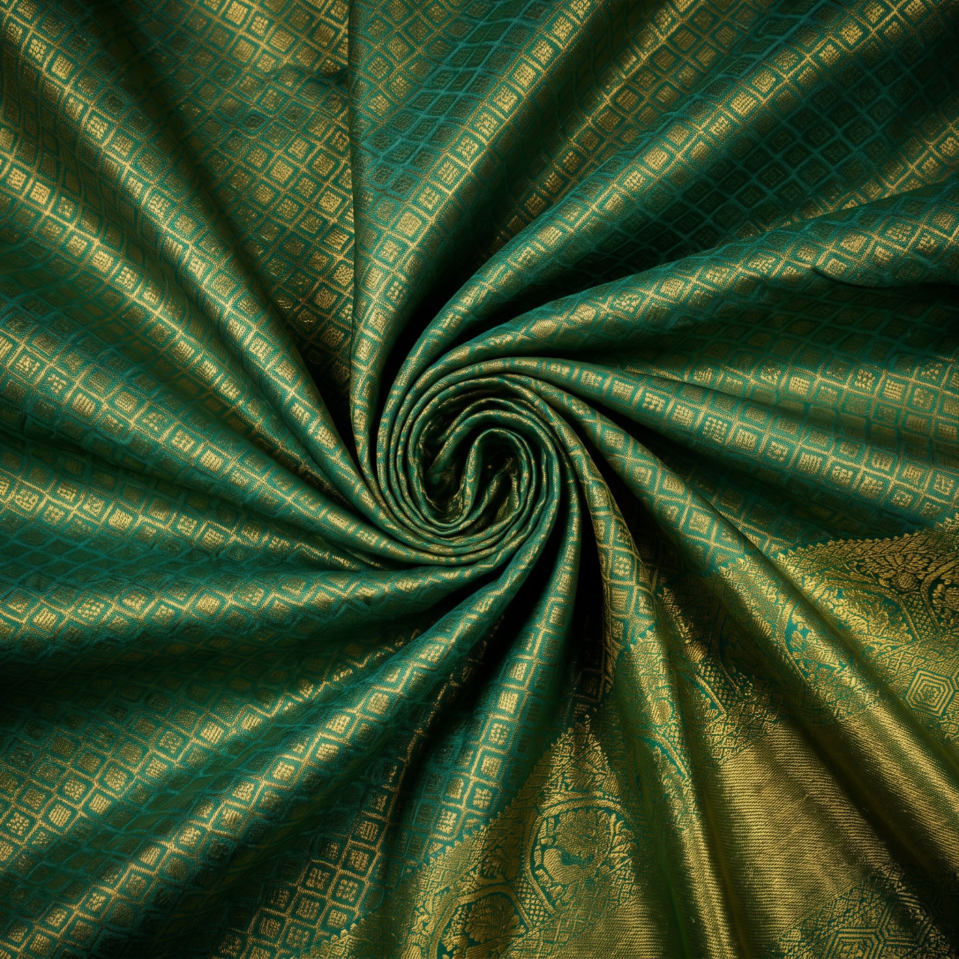 Handloom Rama Green Silk Saree — close drape