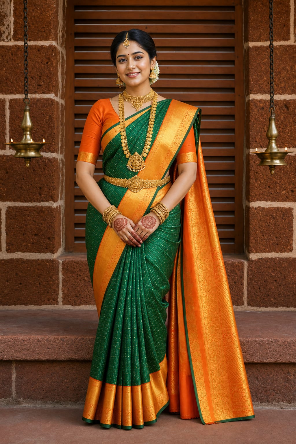 Handloom Bottle Green Silk Saree — view 1