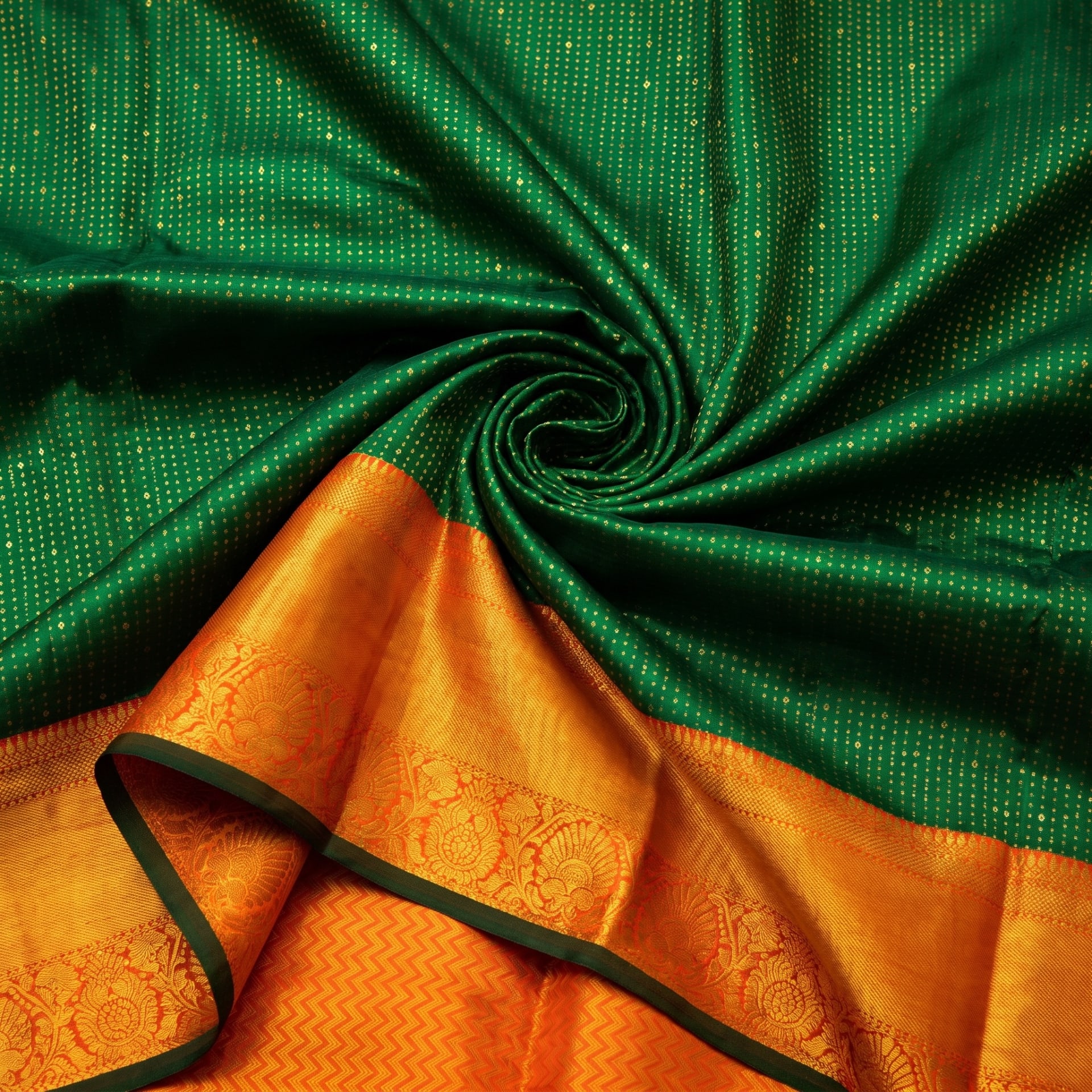 Handloom Bottle Green Silk Saree — close drape