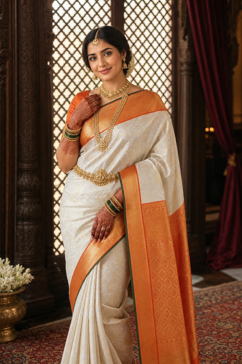 Handloom Half White Silk Saree — view 1
