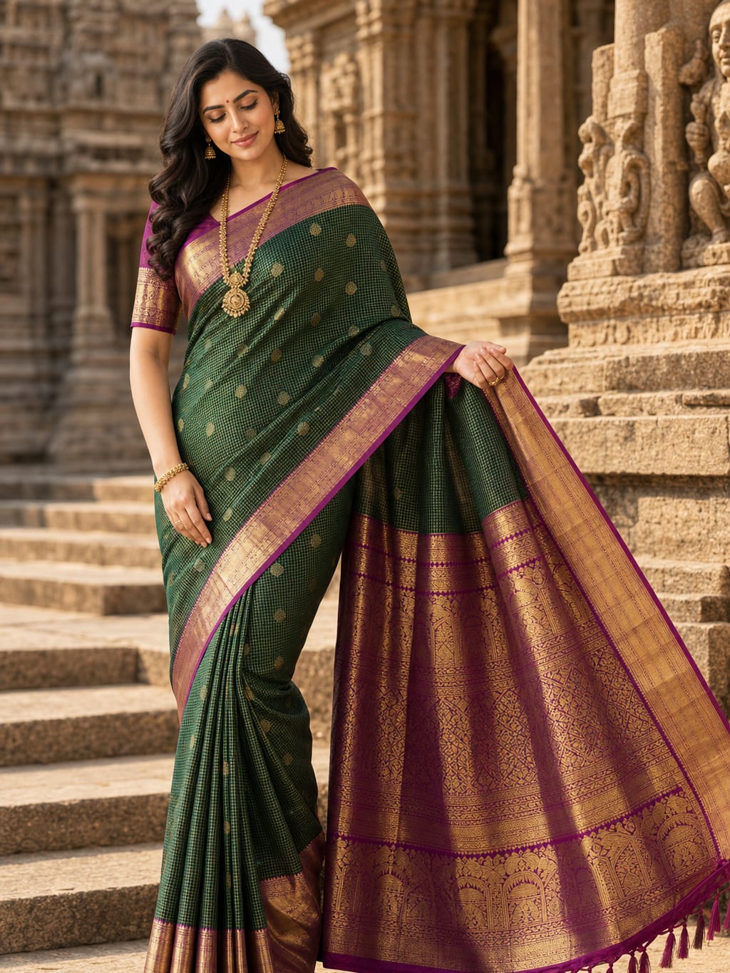 Handloom Bottle Green Silk Saree — view 2