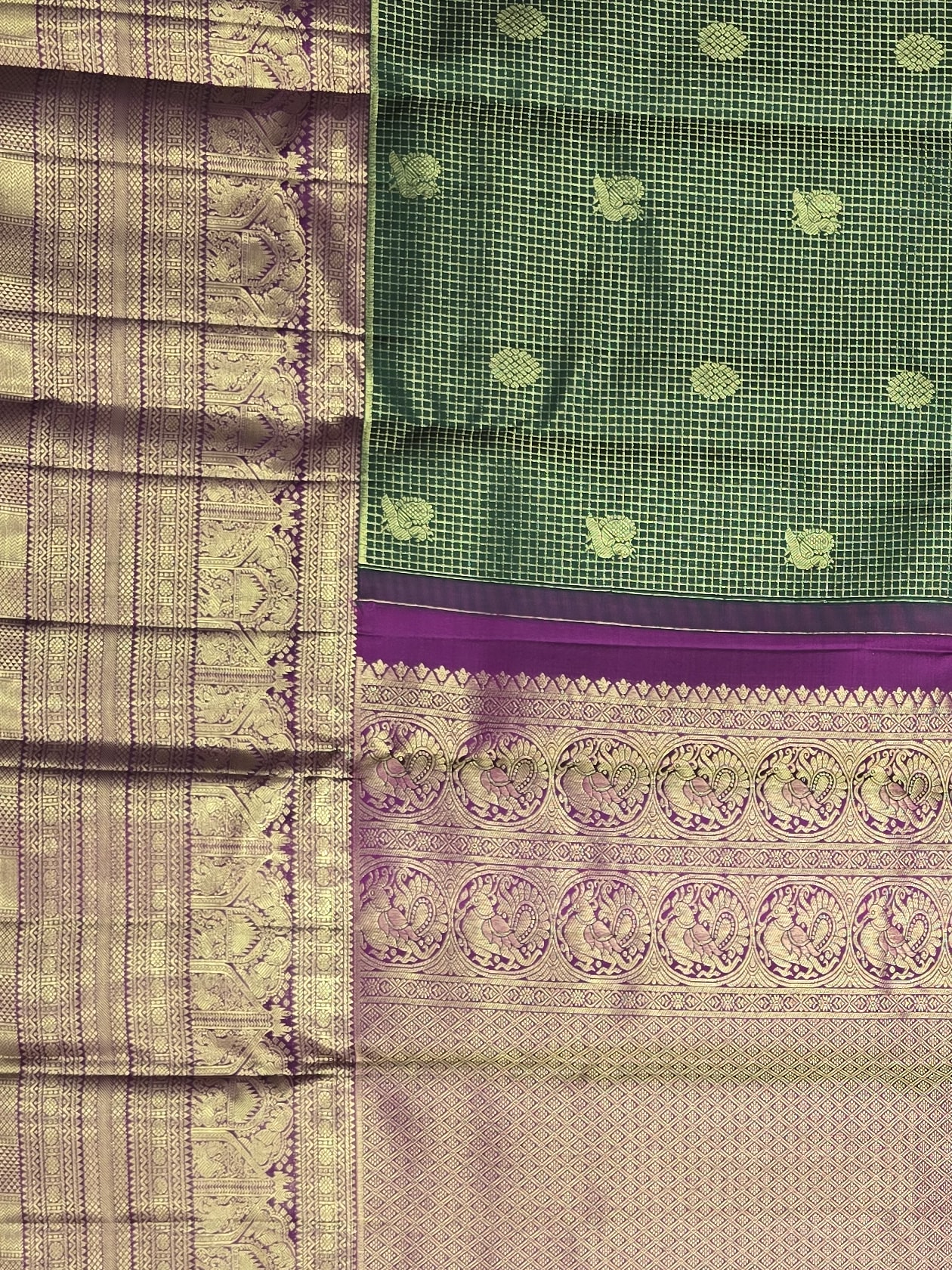 Handloom Bottle Green Silk Saree — view 4
