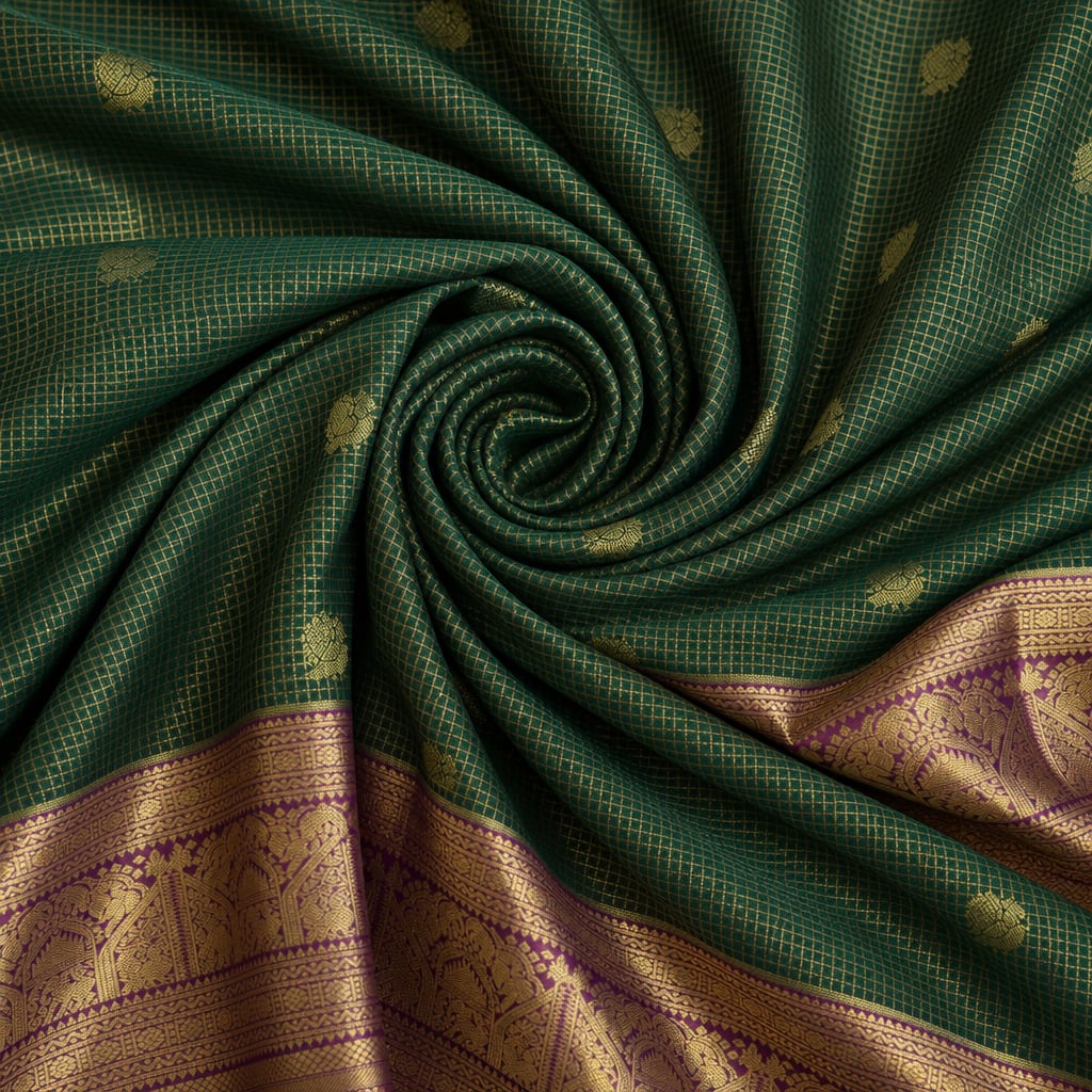 Handloom Bottle Green Silk Saree — close drape