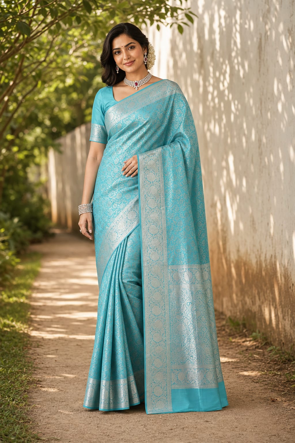 Handloom Rama Green Silk Saree — view 1