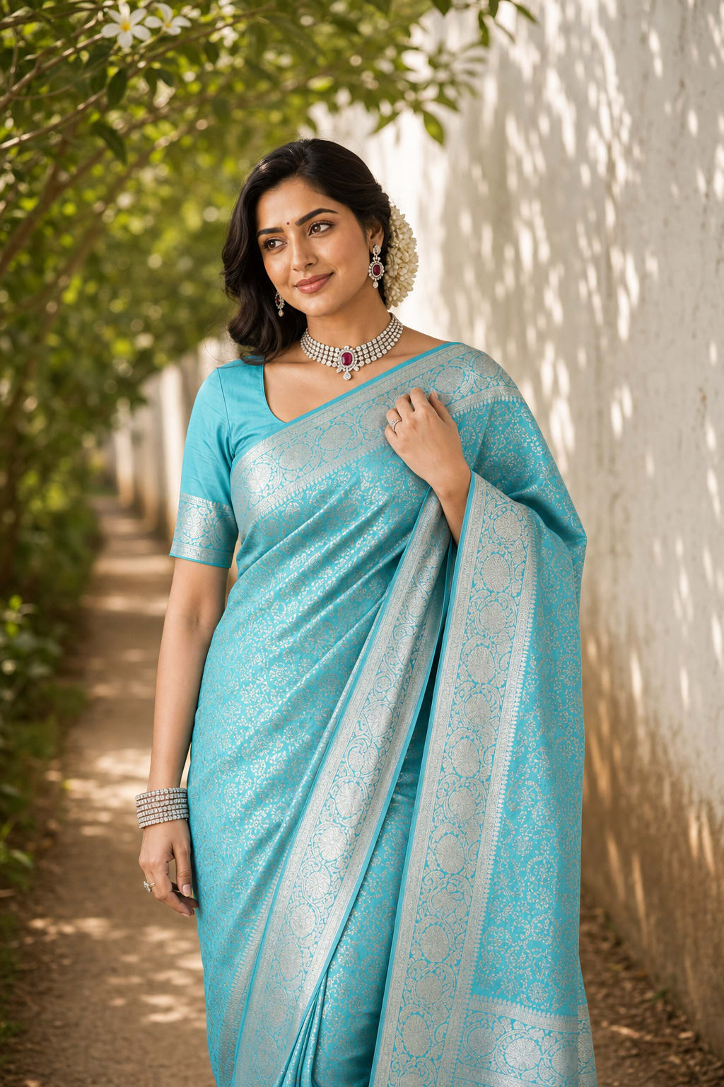 Handloom Rama Green Silk Saree — view 2