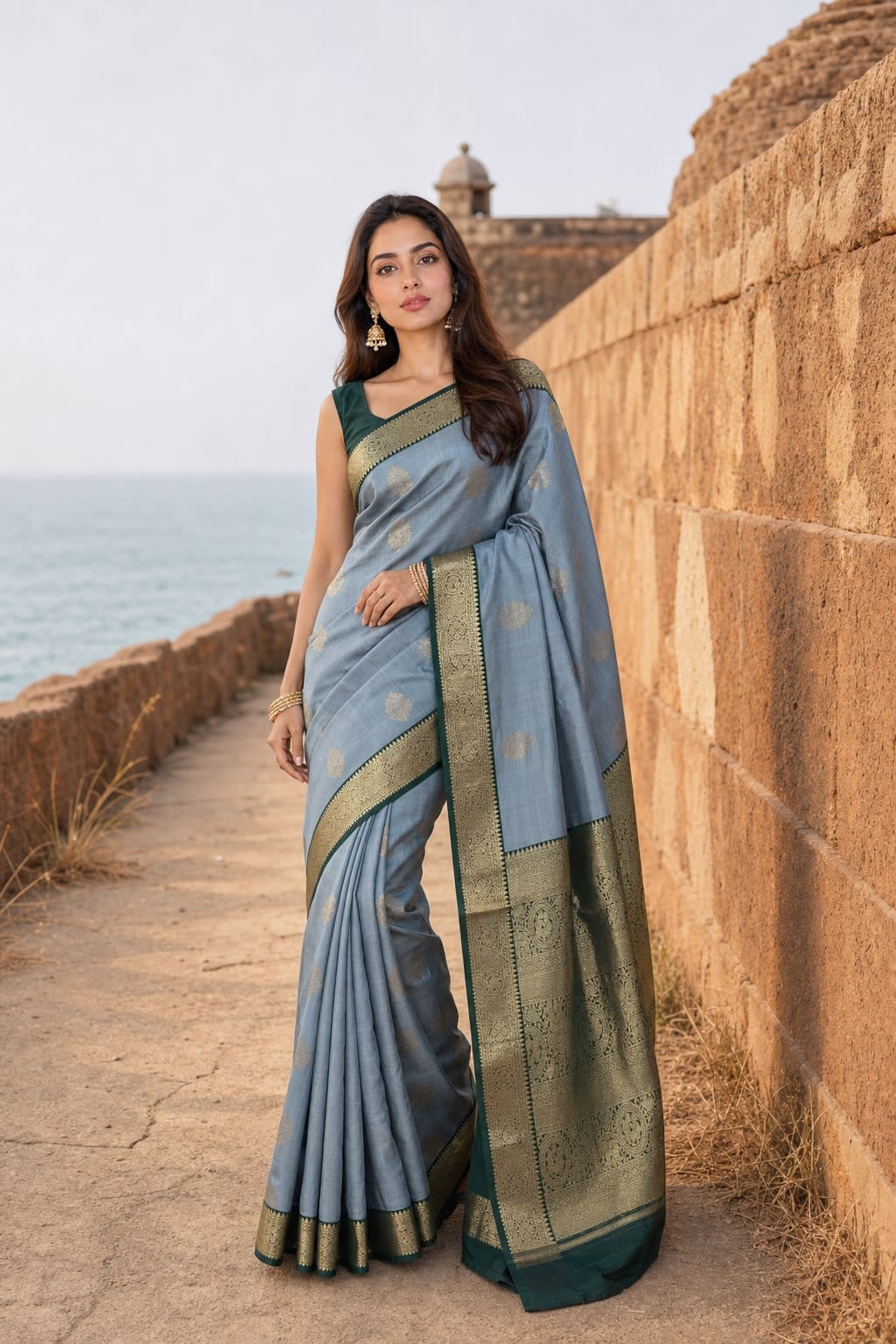 Handloom Grey Silk Saree — view 1