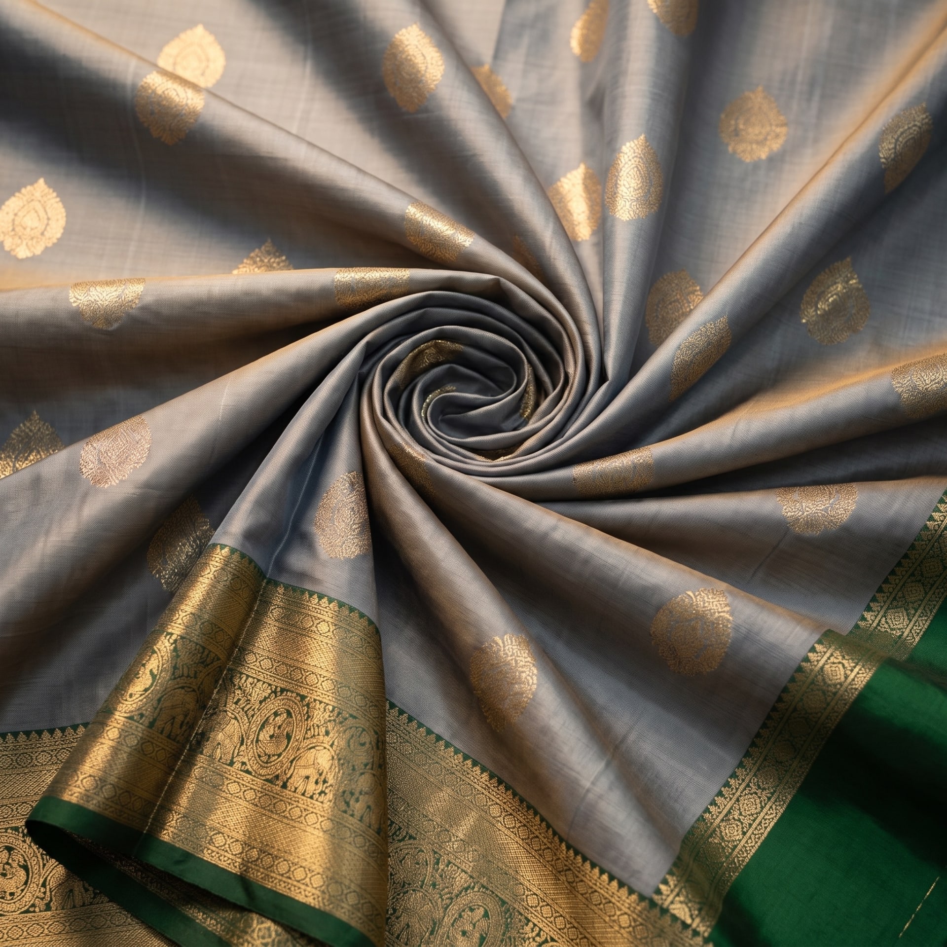 Handloom Grey Silk Saree — close drape