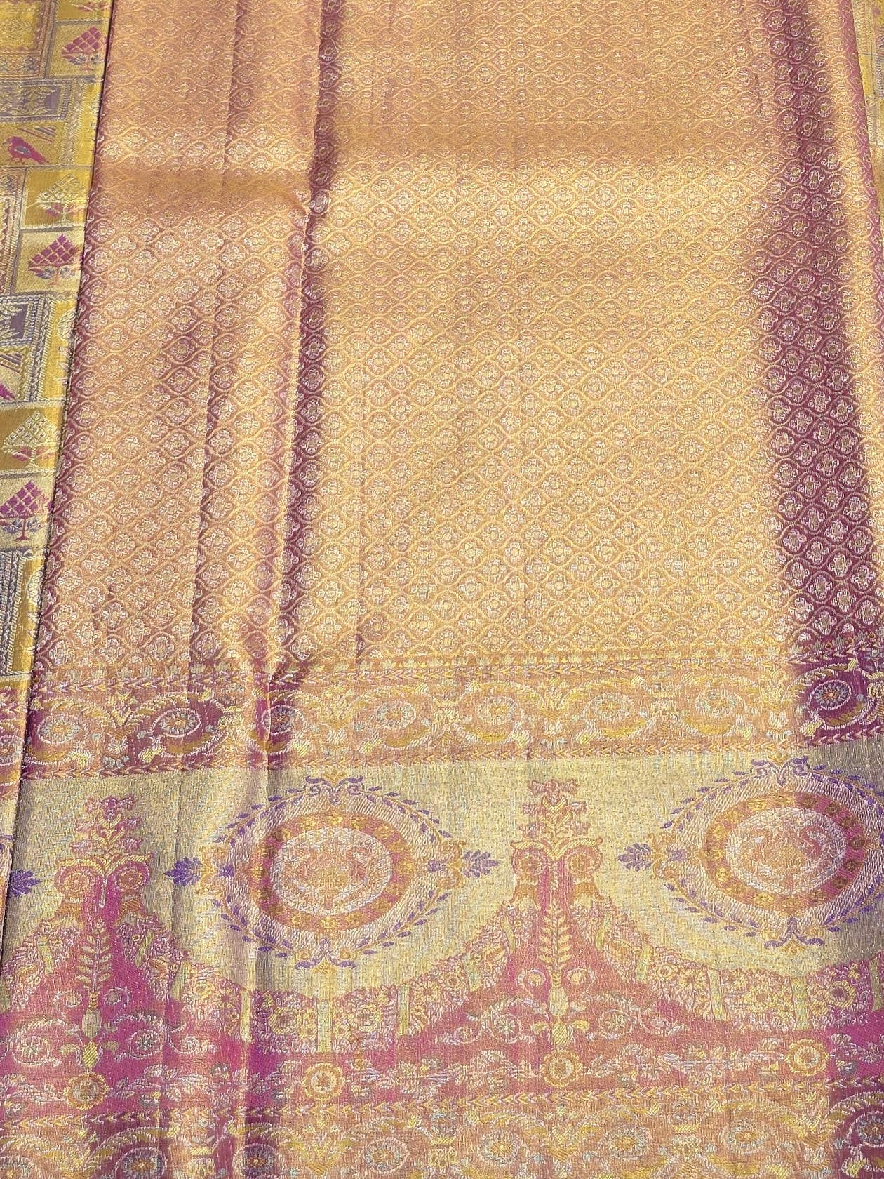 Handloom Lavender With Pink Ang Gold Silk Saree — view 5