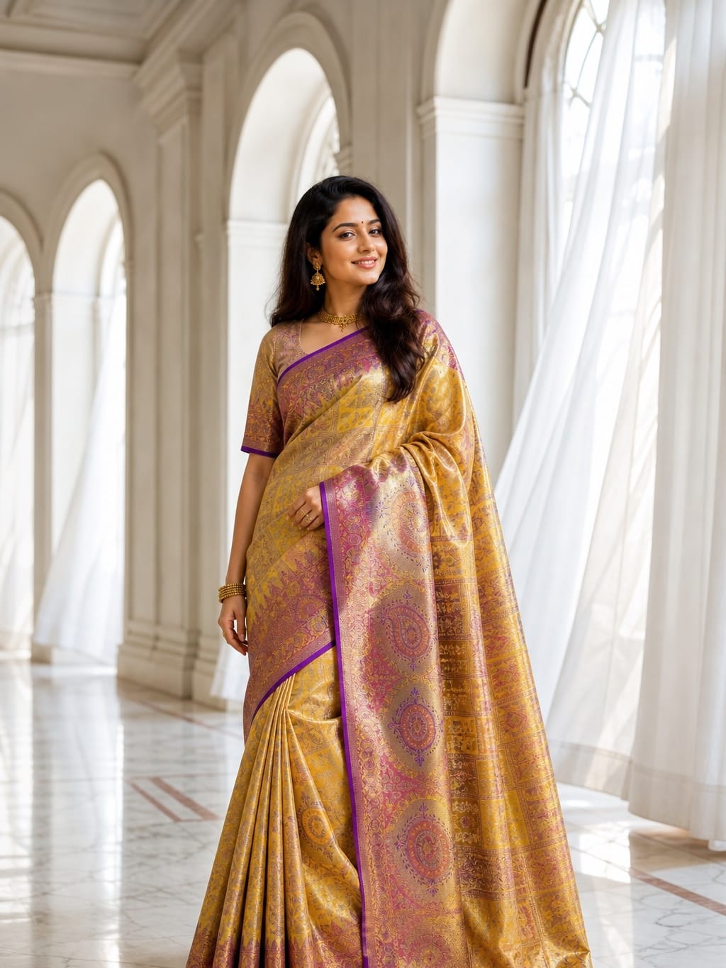 Handloom Lavender With Pink Ang Gold Silk Saree