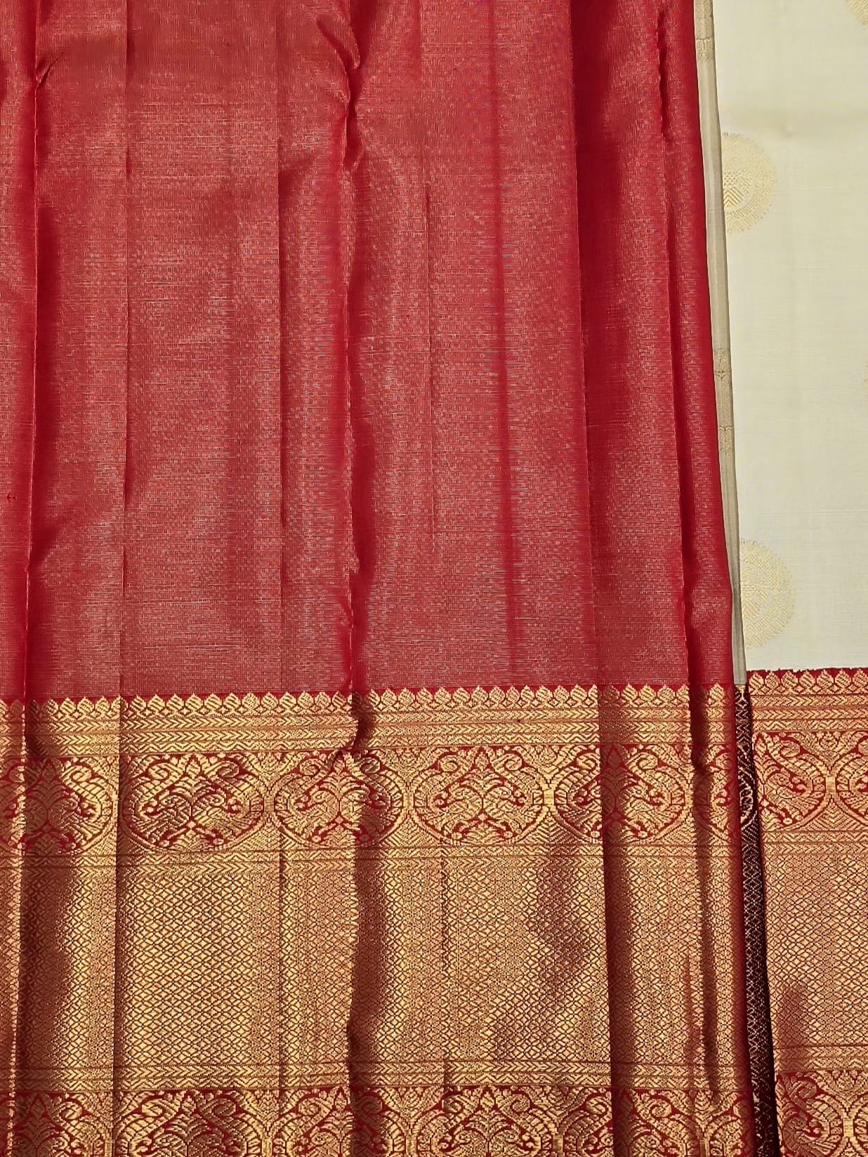 Handloom Half White And Red Silk Saree — view 5