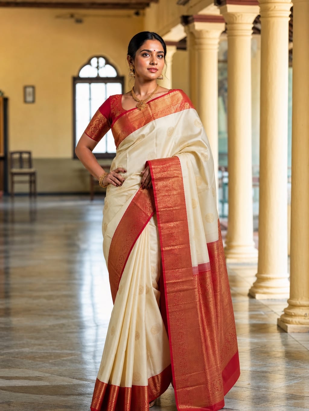 Handloom Half White And Red Silk Saree
