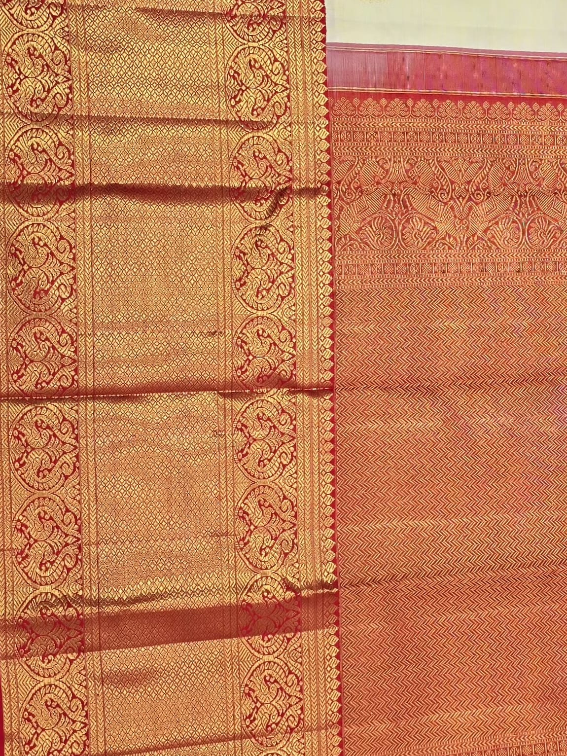 Handloom Half White And Red Silk Saree — view 4