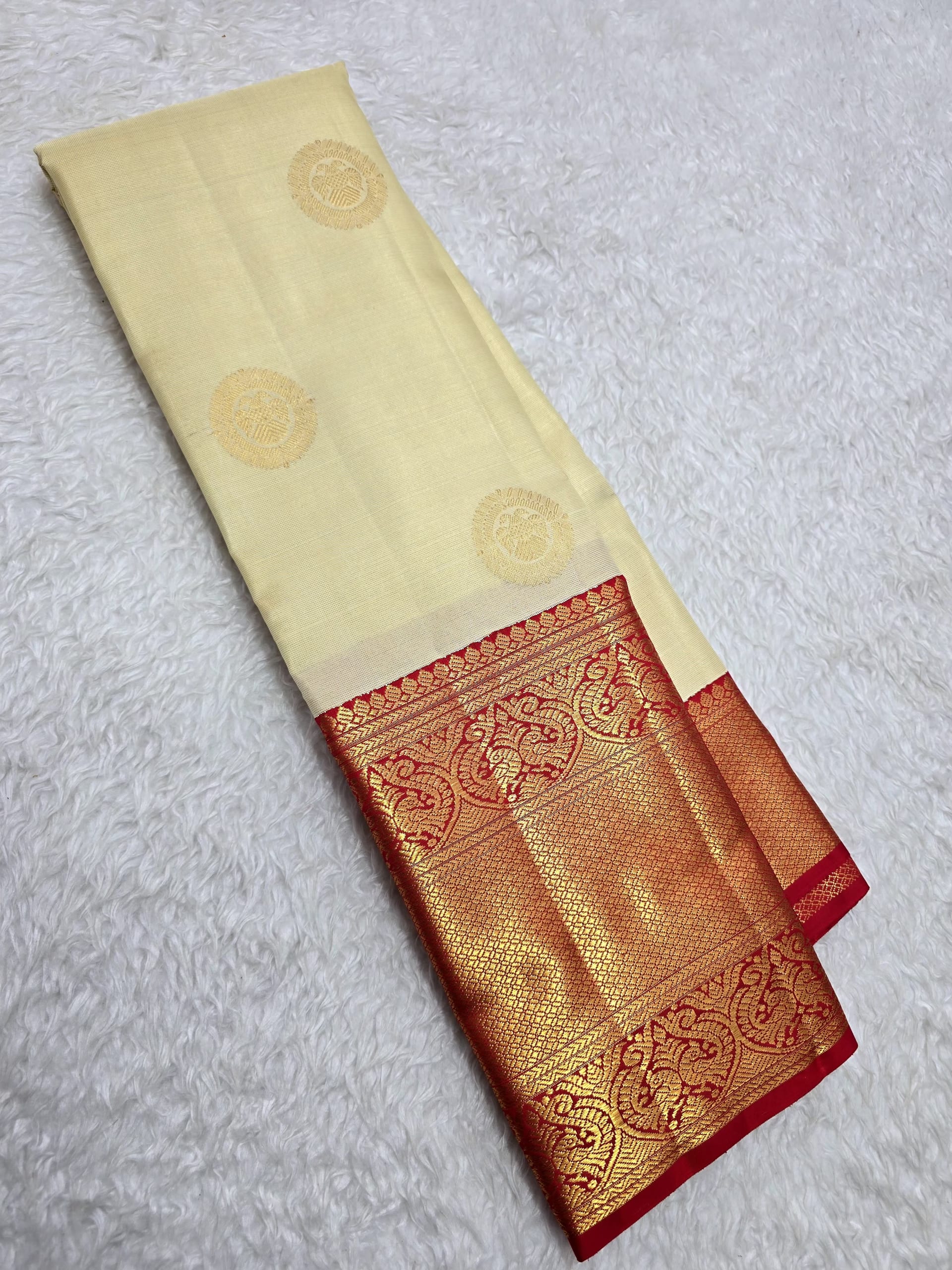Handloom Half White And Red Silk Saree — view 2