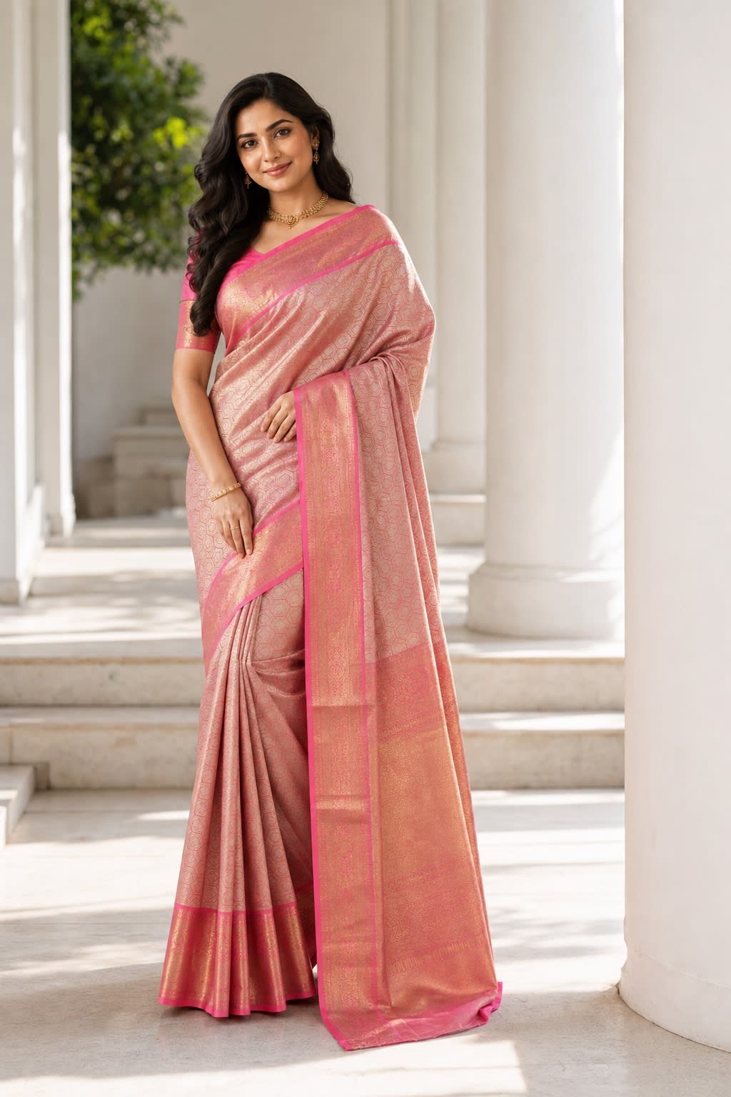 Handloom Peach Pink Silk Saree — view 1