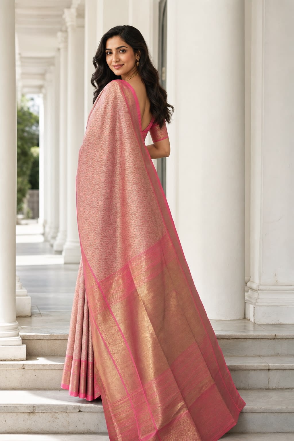 Handloom Peach Pink Silk Saree — view 2