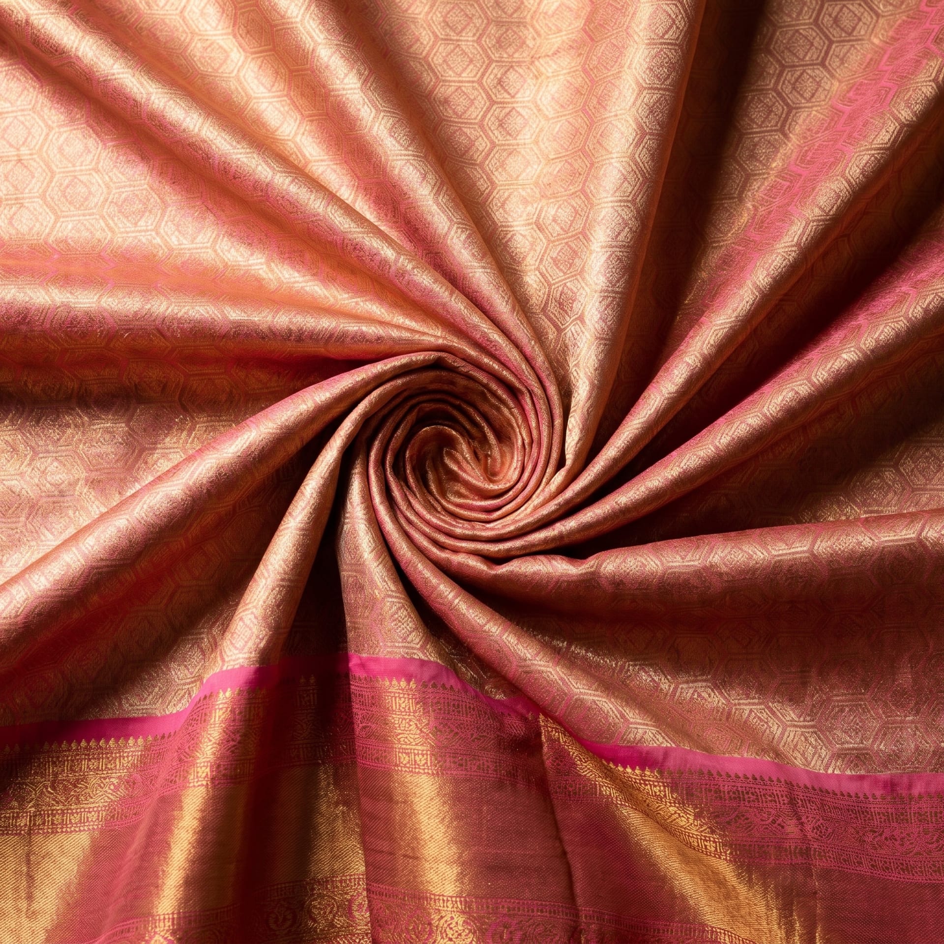 Handloom Peach Pink Silk Saree — close drape