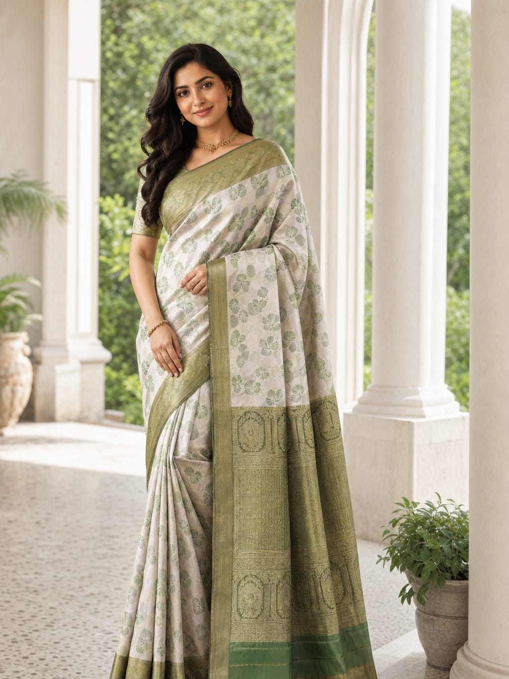 Handloom White Peach With Dark Green Silk Saree