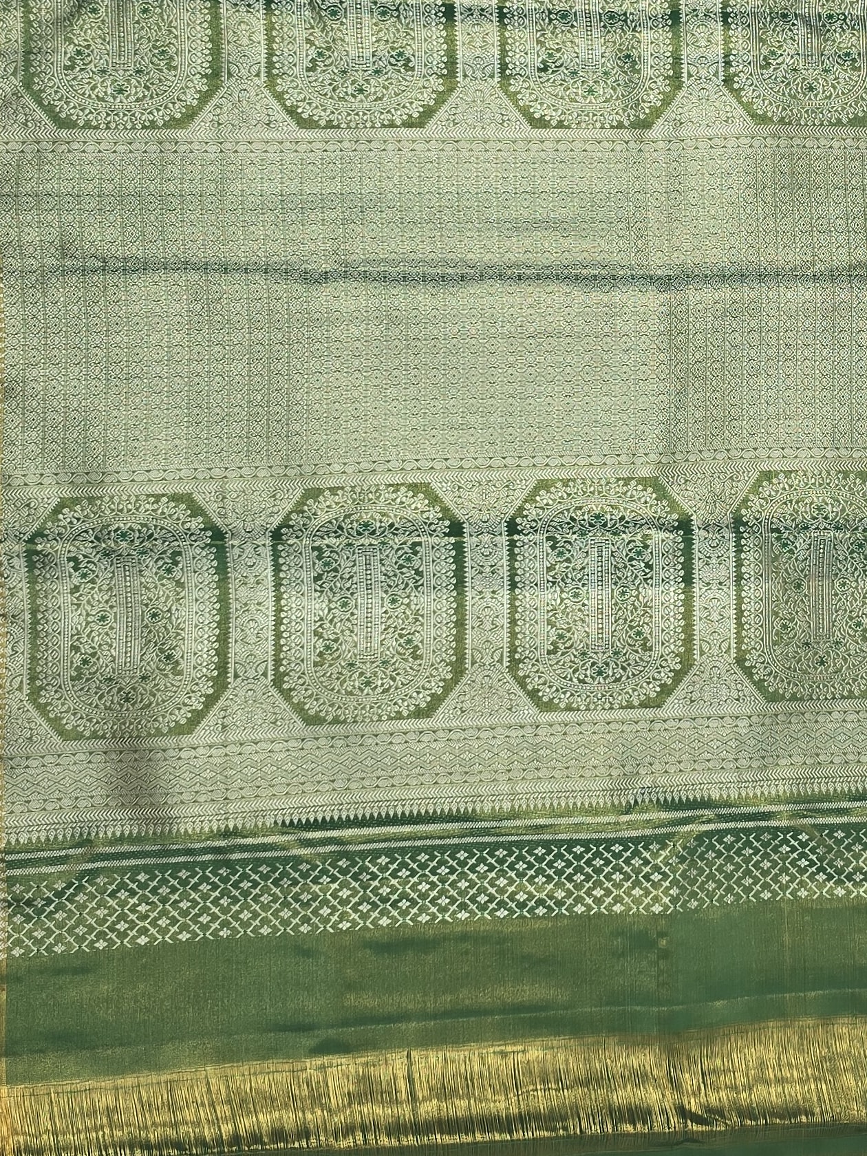 Handloom White Peach With Dark Green Silk Saree — view 4