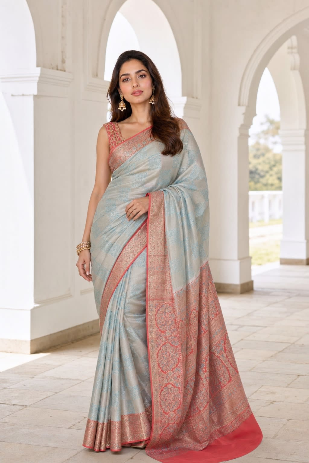 Handloom Sky Blue Silk Saree — view 1
