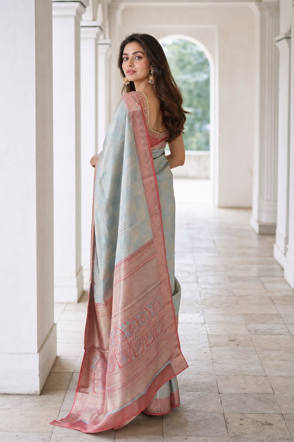 Handloom Sky Blue Silk Saree — view 2