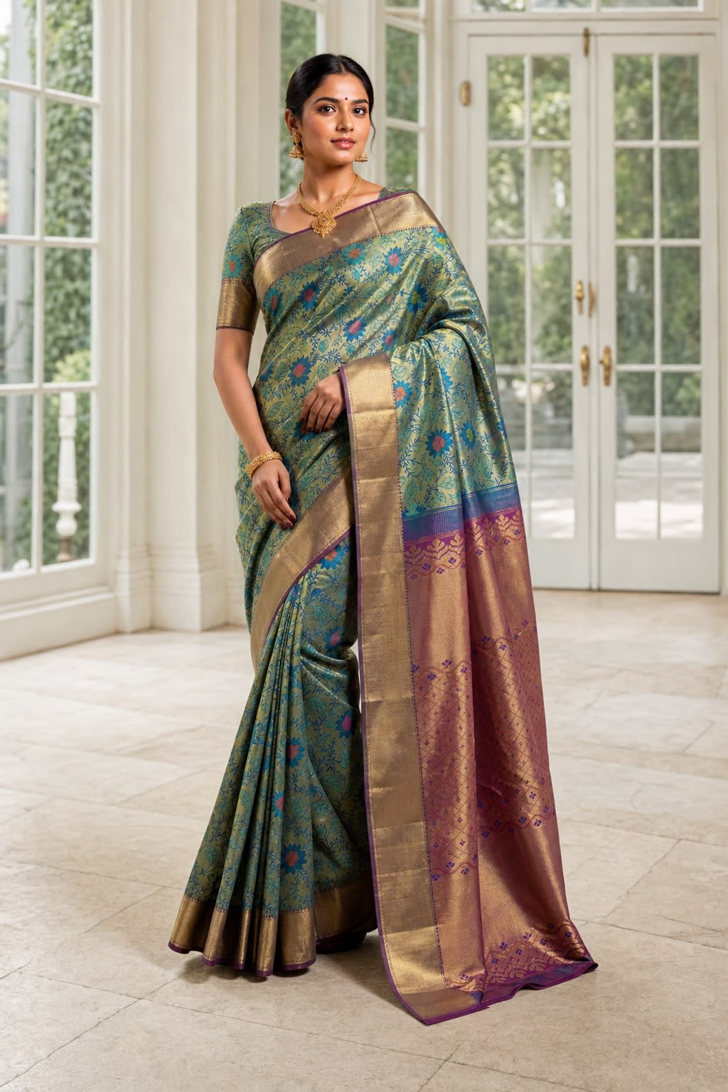 Handloom Peacock Blue Silk Saree — view 1