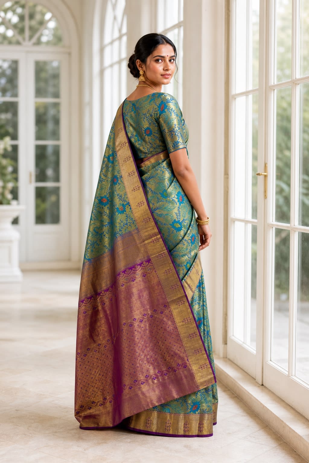 Handloom Peacock Blue Silk Saree — view 2